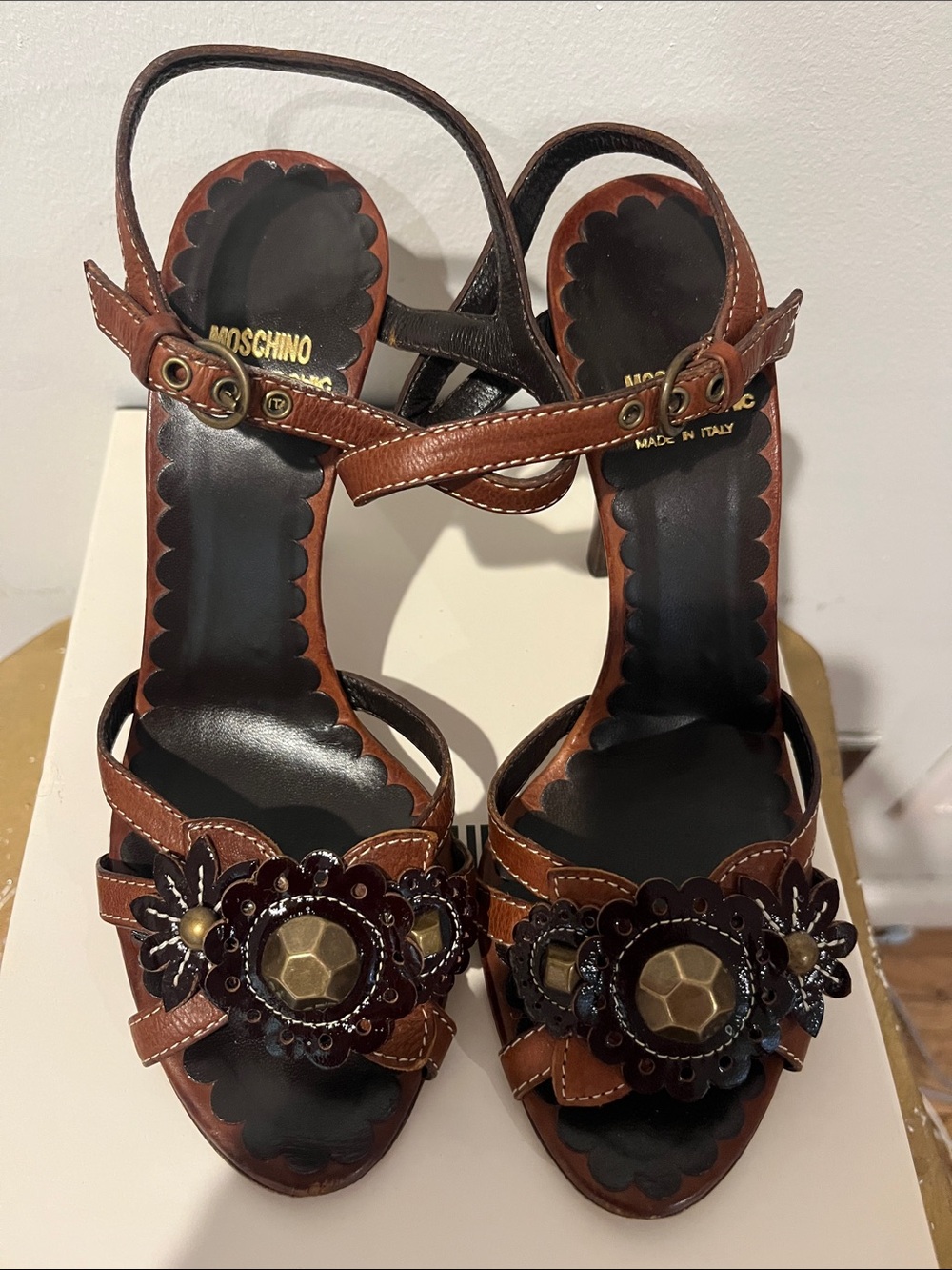 Moschino Brown Floral Applique Leather Heels